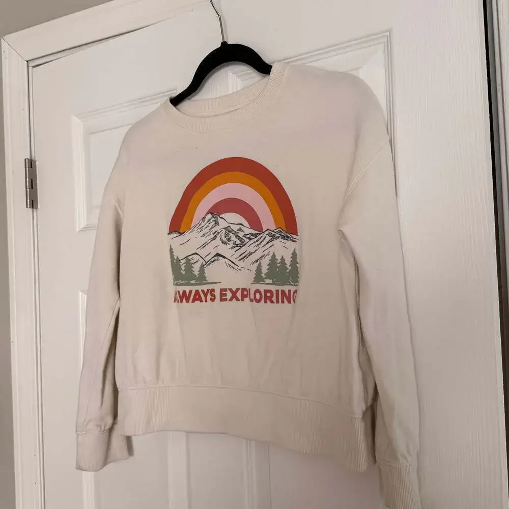 Wonder Nation Girls' Cream Graphic Sweatshirt with Rainbow and Mountain Design